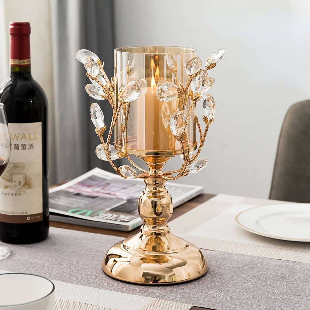 2 Pcs Gold Luxury Chandelier Crystal Candle Holder, Metal Hurricane Candelabra with Windshield Cover, Romantic Western Table Decoration,Home Décor,Candle Light Dinner, Wedding Party Centerpiece