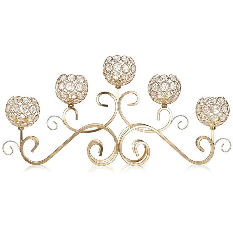 OwnMy 5 Arms Crystal Bowl Tealight Candelabra Crystal Votive Candle Holder, 5-arms Metal Crystal Tea Light Candlestick Holder Candle Stand Ornament for Table Centerpiece Wedding Home Decor (Gold)