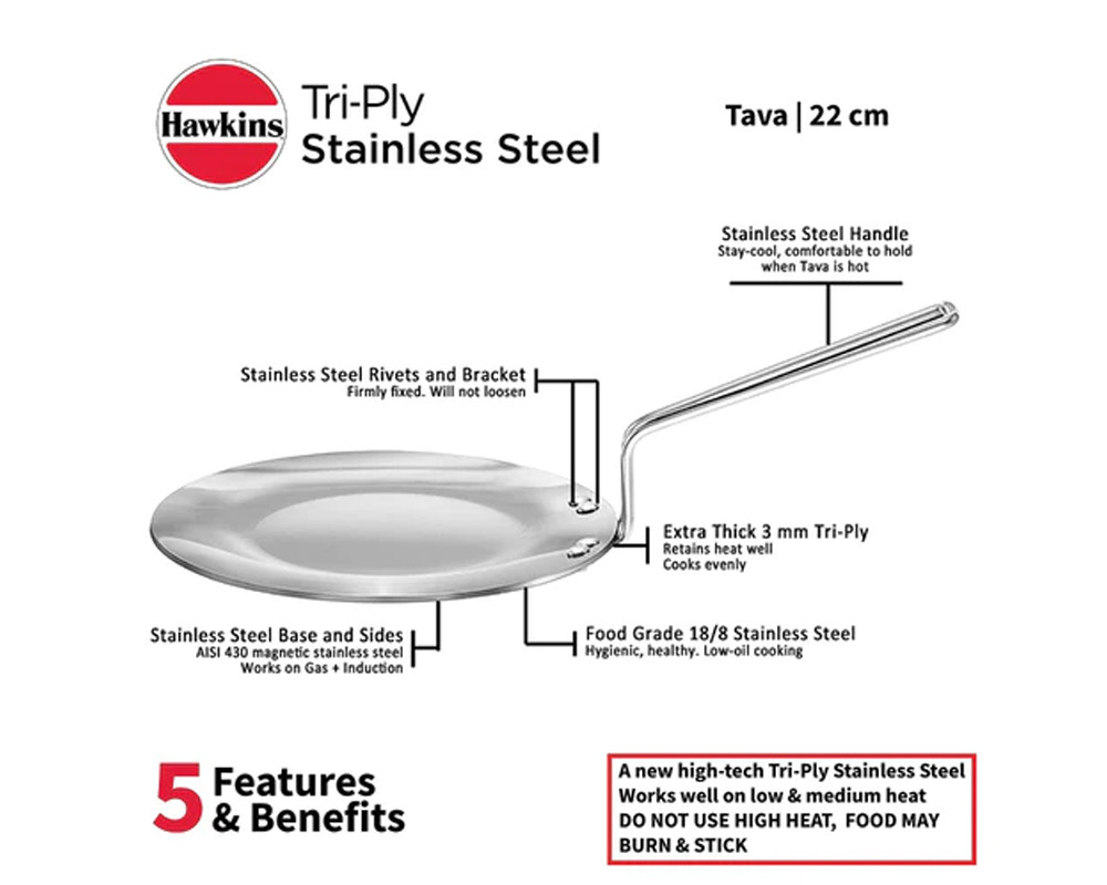 Hawkins Tri-Ply Stainless Steel Tawa | Induction Compatible | -Silver