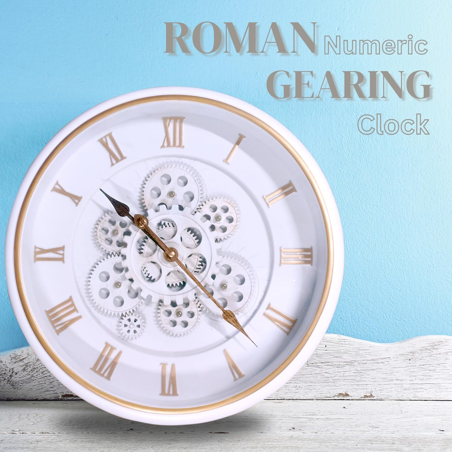 KRESHU Stylish Roman Numeric Antique Royal Vintage Rustic Moving Gearing 15x15 Inches Steam Punk Wall Clocks for Living Room/Farm House/Hall Decor/Hotel/Banglows/Home (Roman, White-1-Pcs)